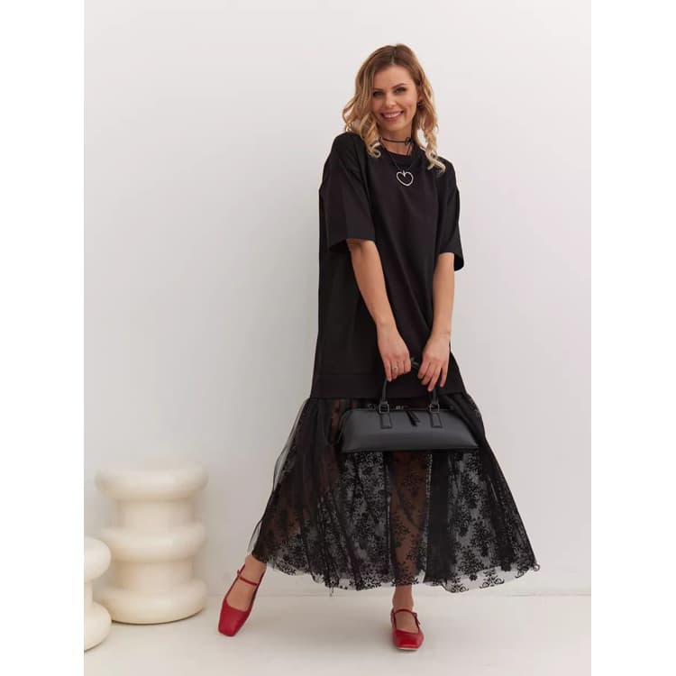 Wholesale Cotton Dresses Cotton T-shirt Dress Splicing Mesh Striped Long Dresses
