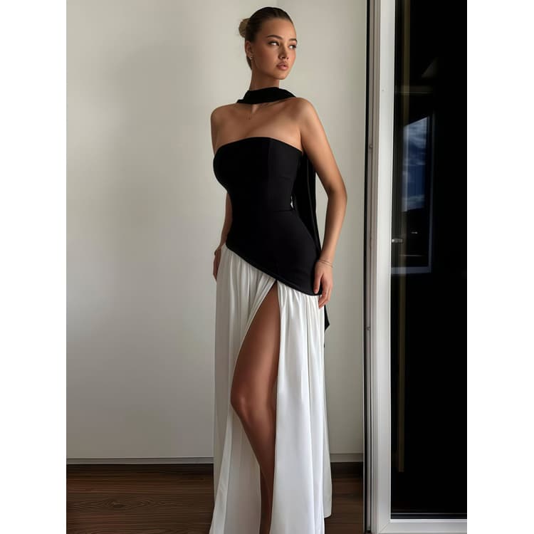 Wholesale Solid Color Elegant Dresses Irregular Tube Top Bandage Dresses Summer French Sexy Slit Maxi Dresses