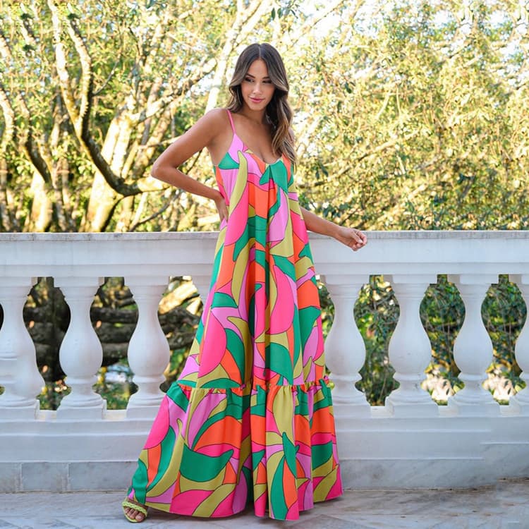 2026 Summer Deep V Neck Backless Sexy Dress Colorful Printed Dress Women Holiday Dress