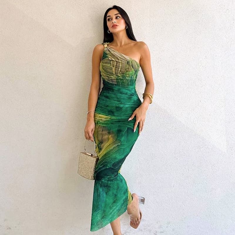 One Shoulder Printed Dress Wholesale Slim Fit Long Dress Custom logo Hip Wrapped Dress Factory Directly