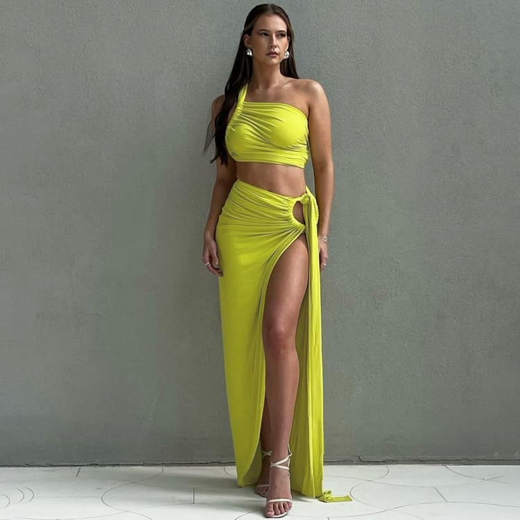 Wenshuo Ribbon Solid Color Dress Wholesale One Shoulder Asymmetrical Dress Custom logo Backless Split Dress Factory Direct