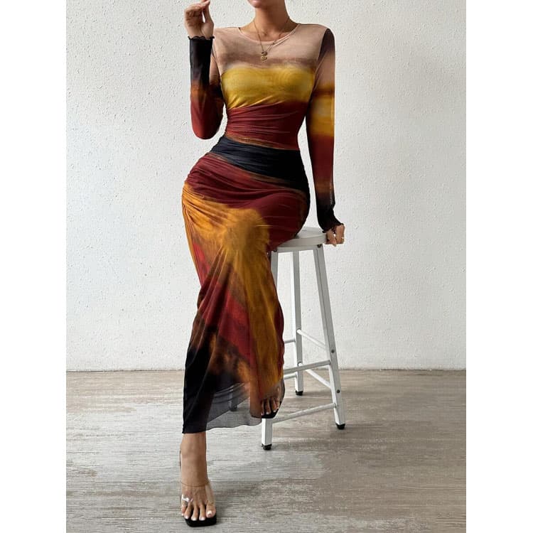 Mesh printed dress wholesale Gradient color long dress custom logo O neck fishtail dress factory directly