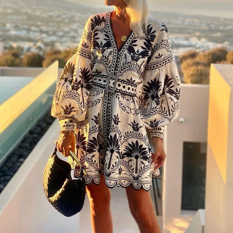 Retro Print Dress Factory Direct V Neck Long Sleeve Dress Wholesale Fashionable Casual Dress Custom logo