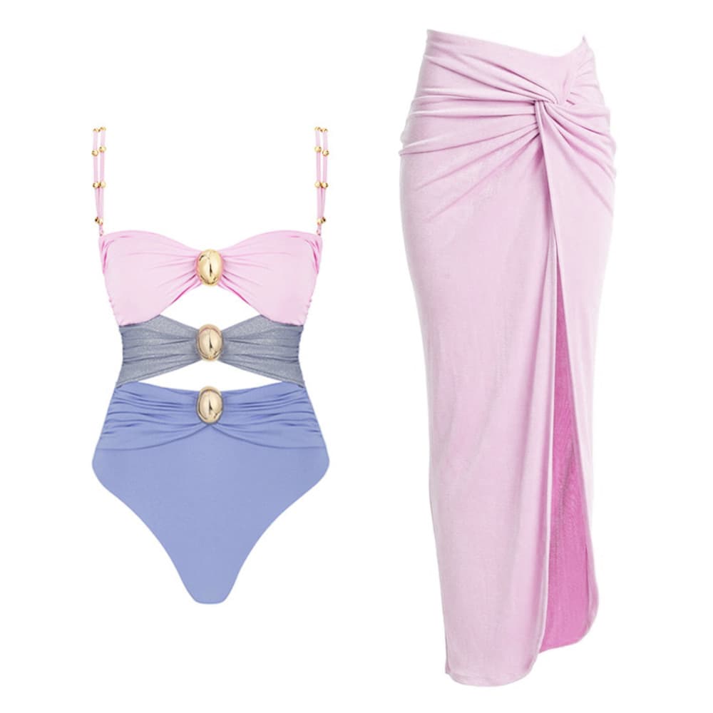 New One Piece Swimwear Gold Button Bikini Three Colors Sexy Hollow Swimsuit Set for Women