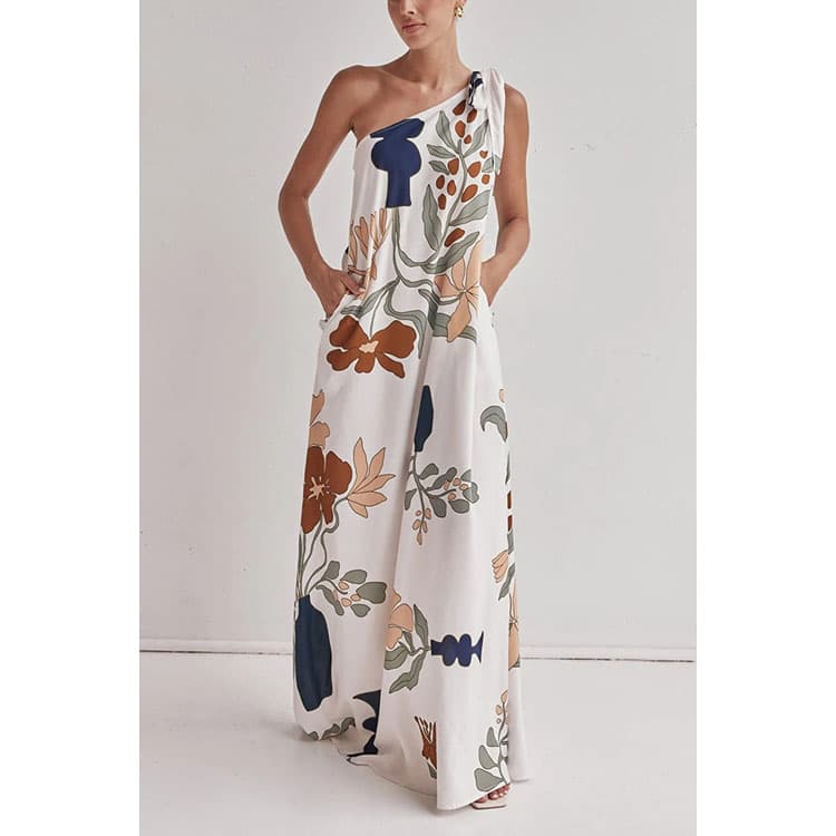 Sleeveless Printed Long Dress Custom logo Sexy off Shoulder Dress Directly Loose Pocket Casual Dress Wholesale