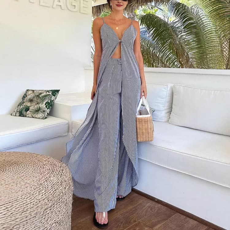 Striped Women Suit Wholesale Sleeveless Long Top Custom logo Loose Straight Trousers Factory Direct