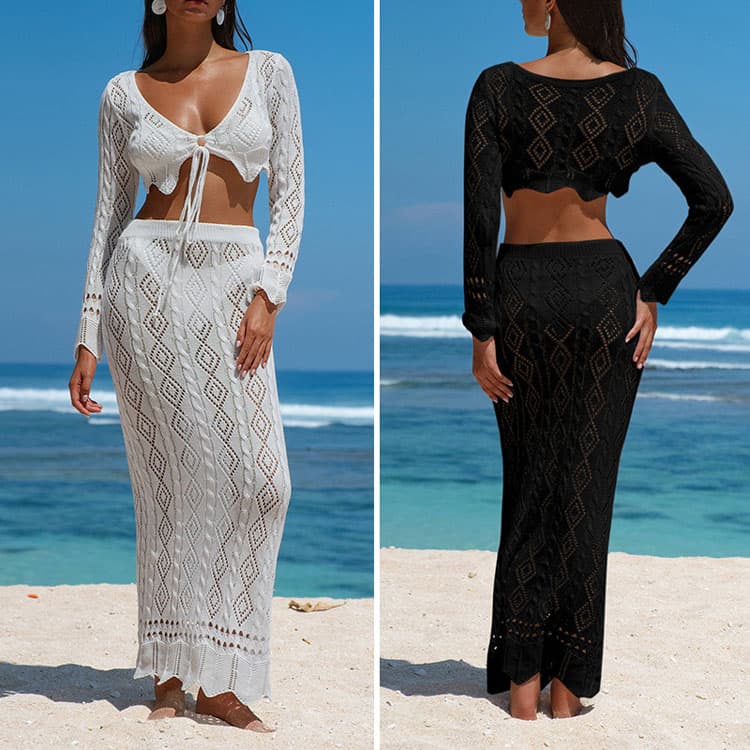 Hollow Knitted Dress Wholesale Drawstring Waist Top Custom logo Casual Beach Maxi Dress Factory Directly