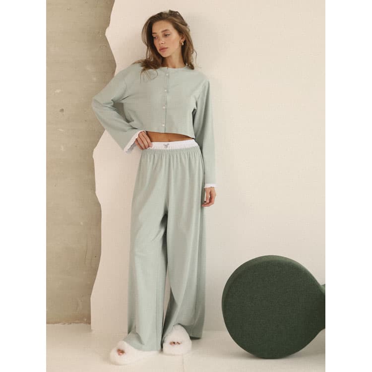 Casual Cotton Pajamas Wholesale Long Sleeved Crop Top Custom logo Loose Elastic Pants Factory Directly