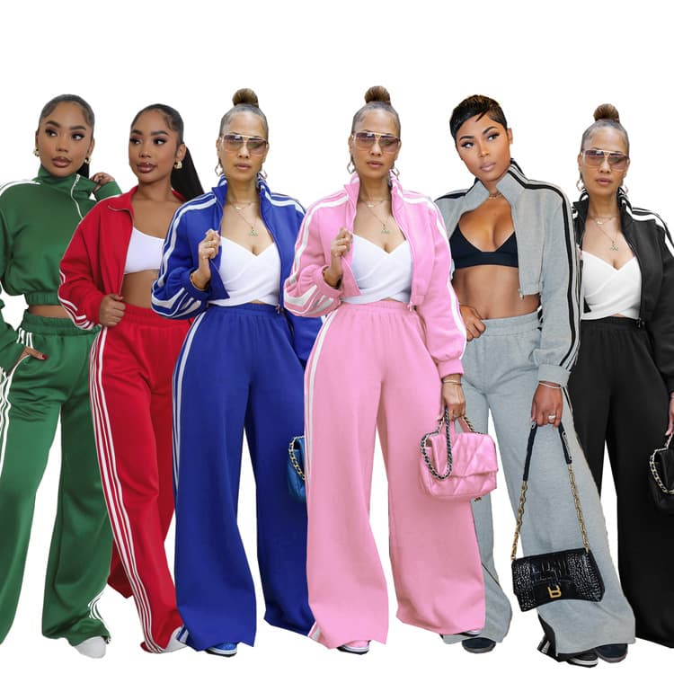 Striped Fashion Tracksuit Wholesale Long Sleeve Cropped Top Custom logo Elasticated Loose Trousers Factory Direct
