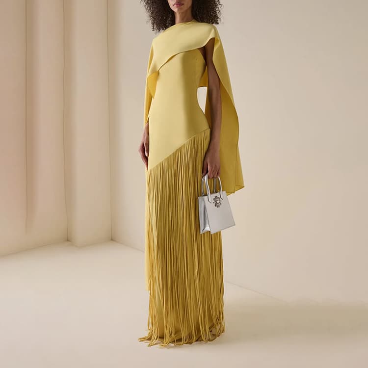 Custom Made Fashionable High End Dresses Solid Color Slim Fit Shawl Collar Dresses Luxurious Fringe Dresses for Women