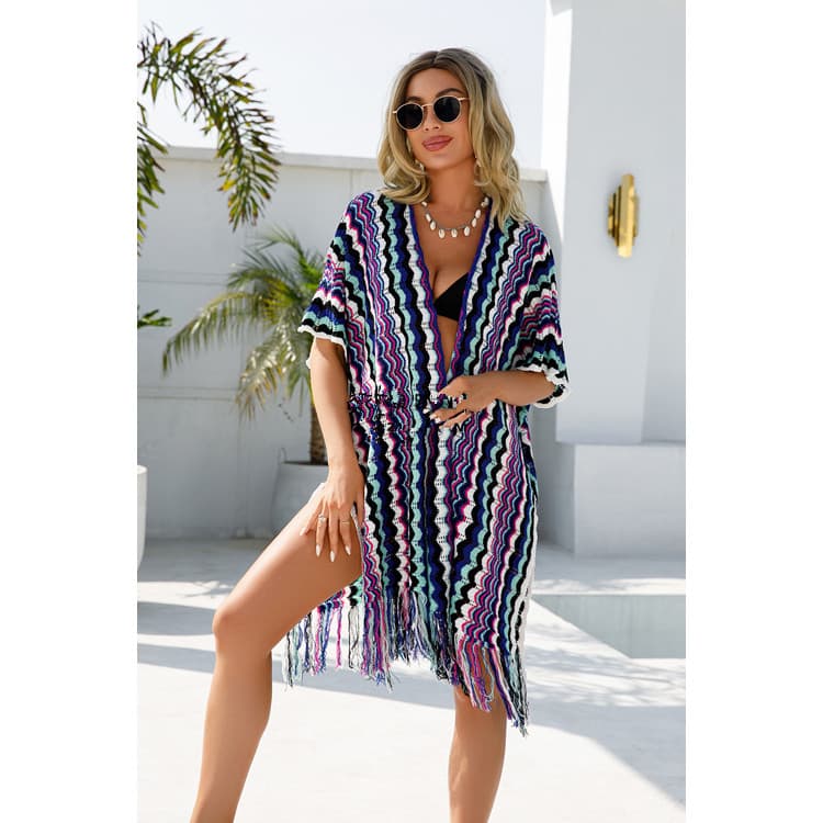 Summer New Arrival Plus Size Cover up Color Blocked Bikini Cover up Retro Beach Fringe Knit Top