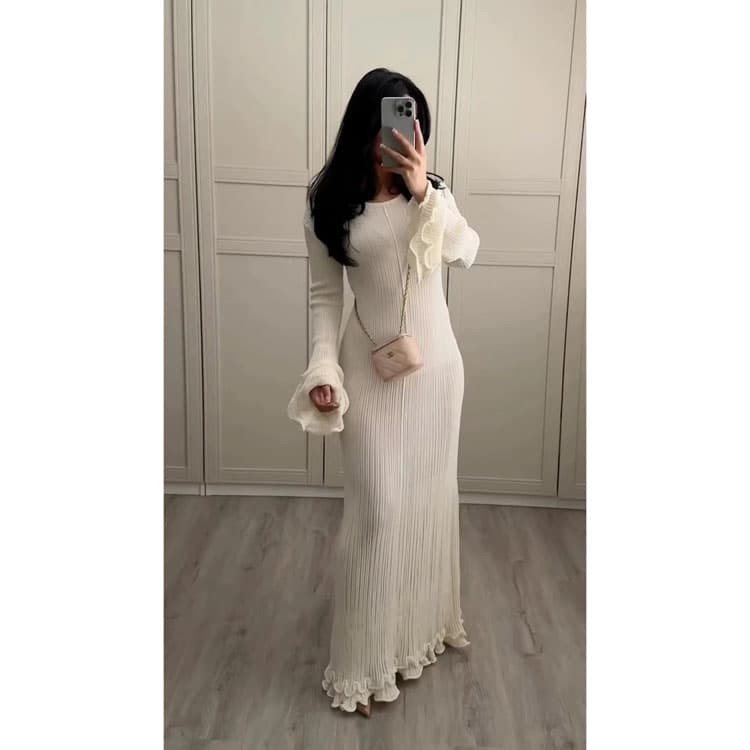 2024 New Fashion Solid Round Neck Pleated Backless Sexy Long Sleeve Dress Women Casual Dresses