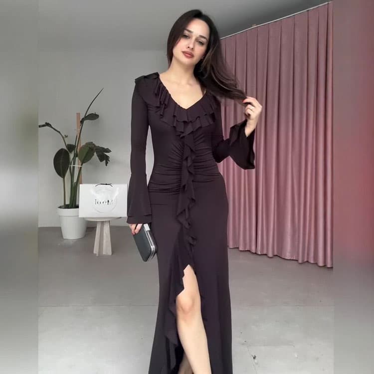2026 New Spring V Neck Ruffled Slit French Long Dress Long Sleeve Slim Fit Fashion Dress Bell Sleeve Women Casual Dress