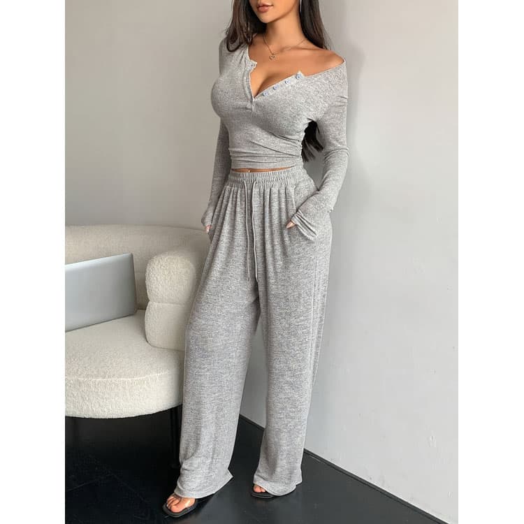 Solid Casual Suit Custom logo Button Down Top Wholesale Drawstring Trousers Factory Directly