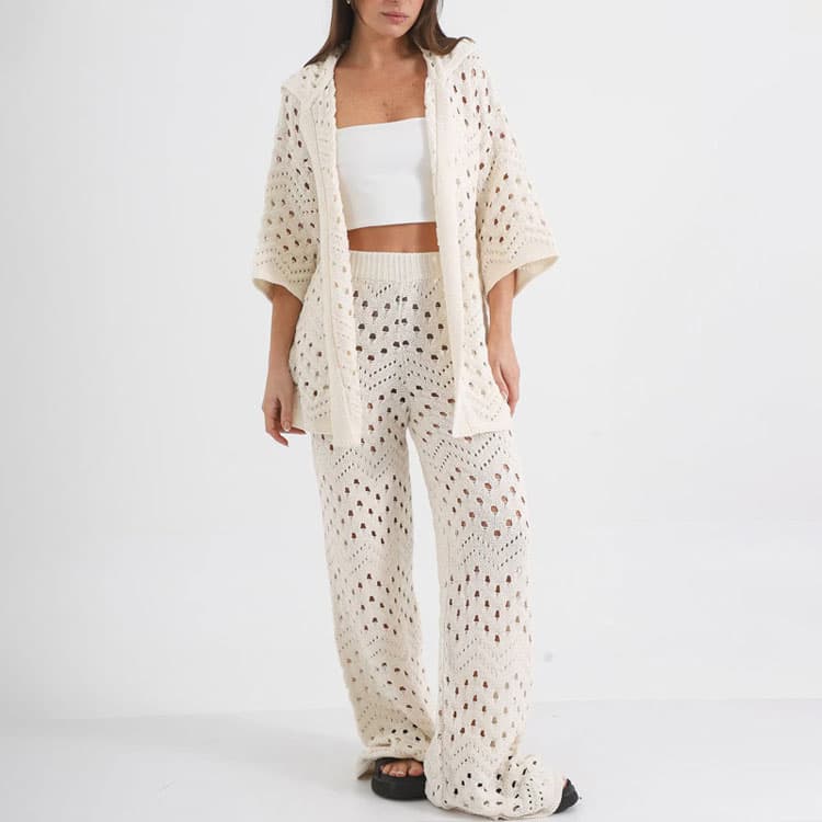 Knitted Hooded Women Suit Custom logo Hollow Long Sleeve Jacket Factory Directly Solid Color Floor Length Pants Wholesale