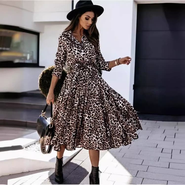 Wholesale S-2XL Dresses Long Sleeve Leopard Print Dresses