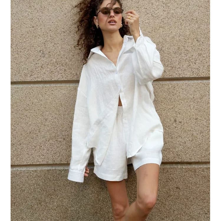 Casual 100% Cotton Suit Wholesale Long Sleeved Top with Lapel Custom logo Elastic Shorts Factory Directly