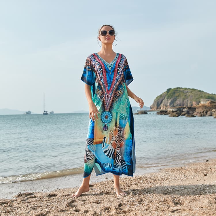 New Summer Seaside Color Print Long Skirt V Neck Dress Quick Drying Kaftan