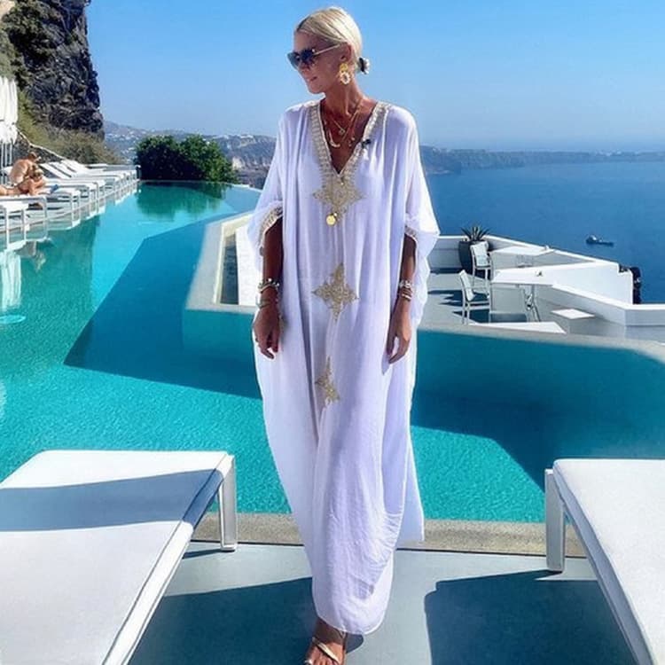 High Quality Beach Blouse Rayon Golden Embroidered Robe Vacation Blouse Beach Dresses