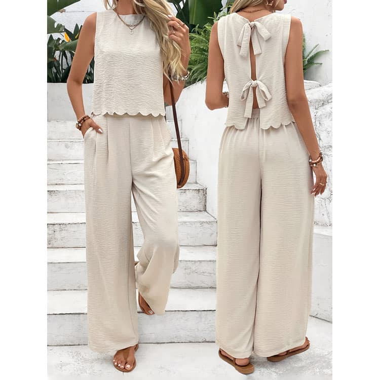 Simple Sleeveless Women Suit Wholesale Solid Ribbon Bow Top Factory Direct Loose Straight Pants Custom logo