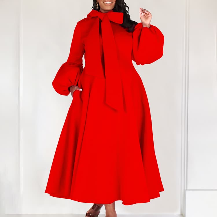 Christmas Dress 2025 Women Evening Dress New Style Puff Sleeve Big Bow Lady Candy Color Festive Dress High Waist Plus Size Robe
