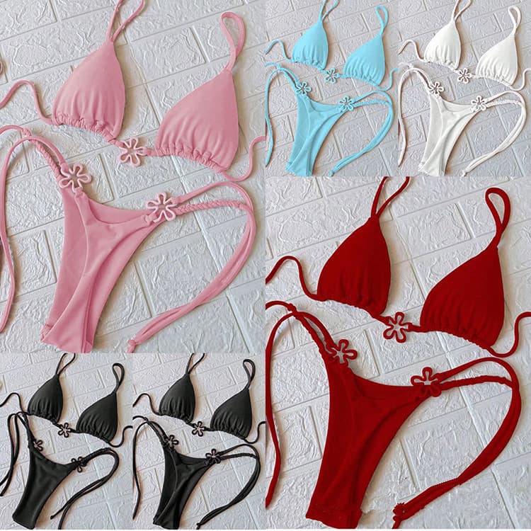 Wholesale Solid Color Girl Swimsuit Sexy Flower Thong Bikini Bohemian Bikini
