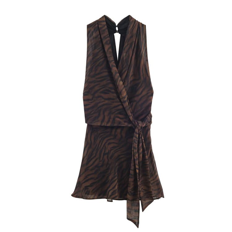 New Casual Dress Sexy Halter Neck Leopard Print Mini Dress Sleeveless V Neck Mesh Dress
