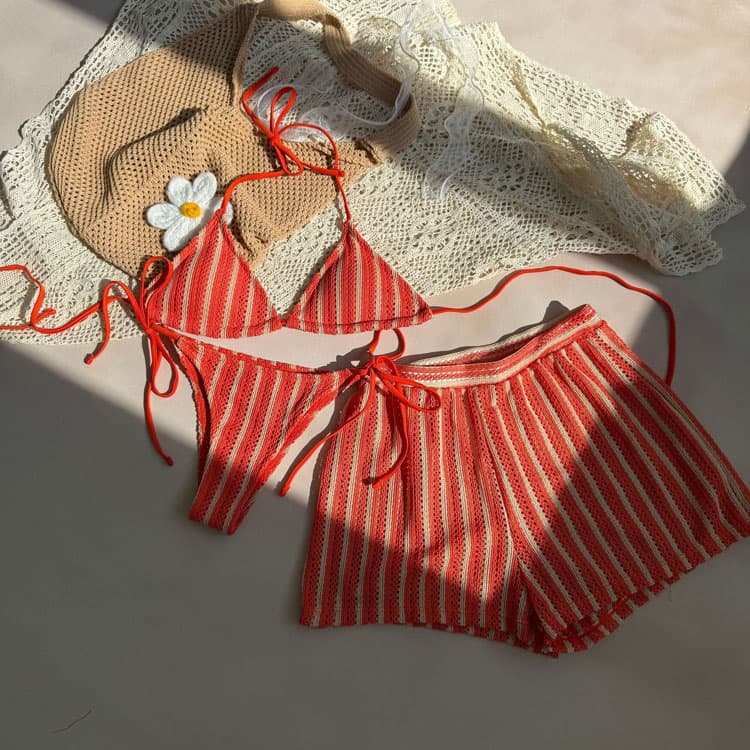 Sexy Striped Bikini 3 Piece Set 2025 New Fashion Swimwear with Shorts Wholesale Swimwear Factory