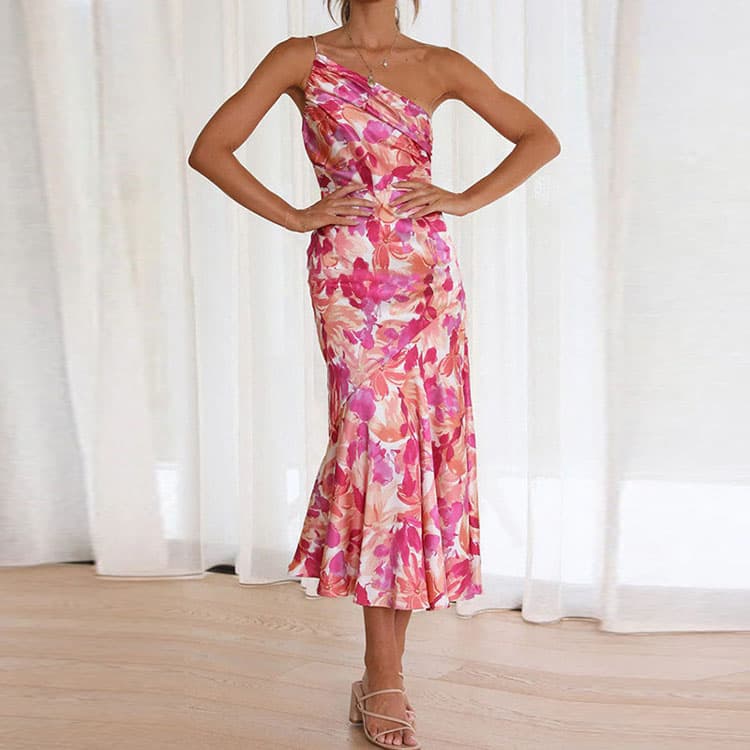 Floral Beach Dress Custom logo Off Shoulder Casual Long Dress Wholesale Fashionable Wave Dress Factory Directly