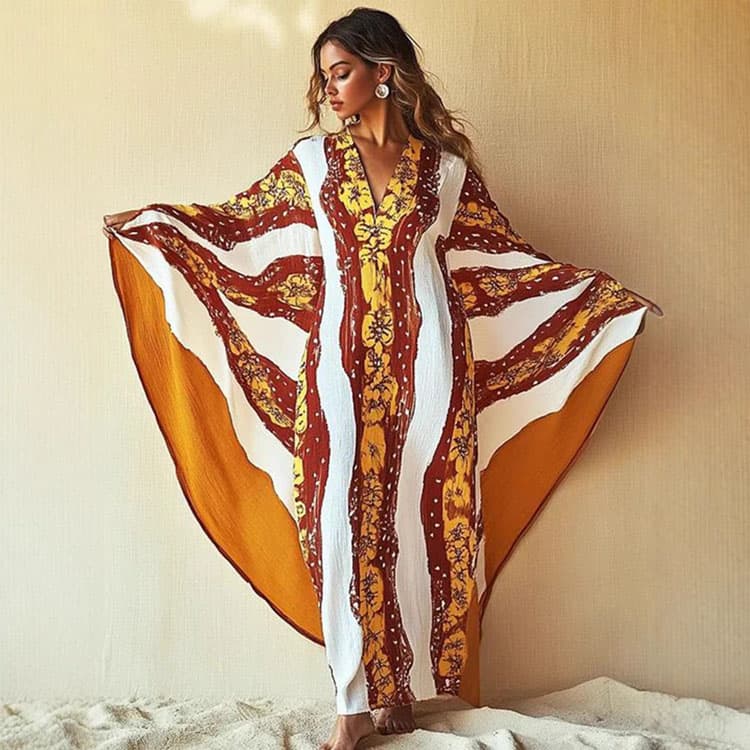 Digital Printed Batwing Sleeve Temperament Dress Beach Colorblock Cover up Fashion Printed V-Neck Casual Dress