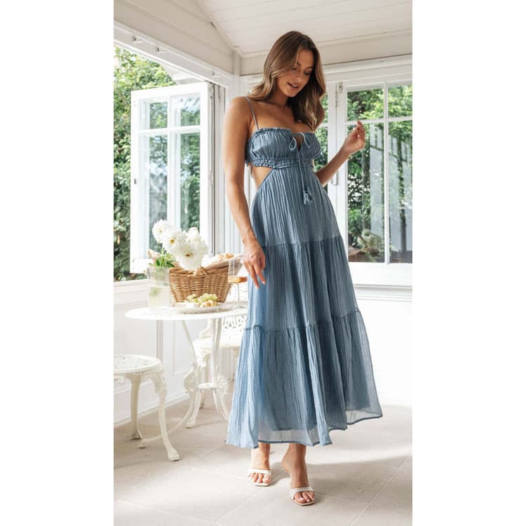 Summer 2024 New Sexy Halter Cut Out Maxi Dress Solid Patchwork Casual Long Dress for Women