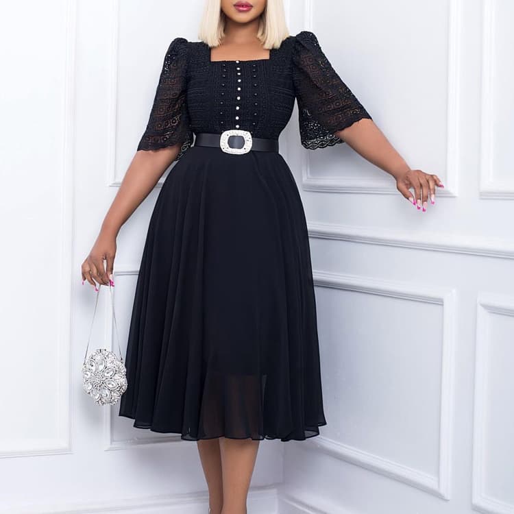 With Belt Women Elegant Dress Fashion Splicing Solid Color Chiffon Dress Beading Lady African Dress Plus Size S-XXXL