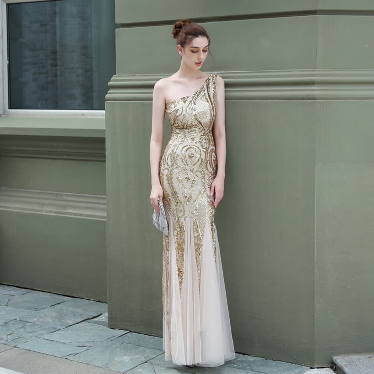 Dress Women fairy Dreamy Celebrity Party Evening Dress Sexy Long Slim One Shoulder Sequin Evening Dress Lady Solid Color