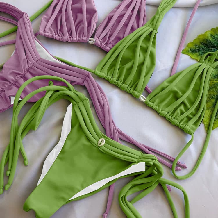 Wholesale Solid Color Bandage Bikini Sexy Triangle Backless Bikini Shell Swimsuit for Women