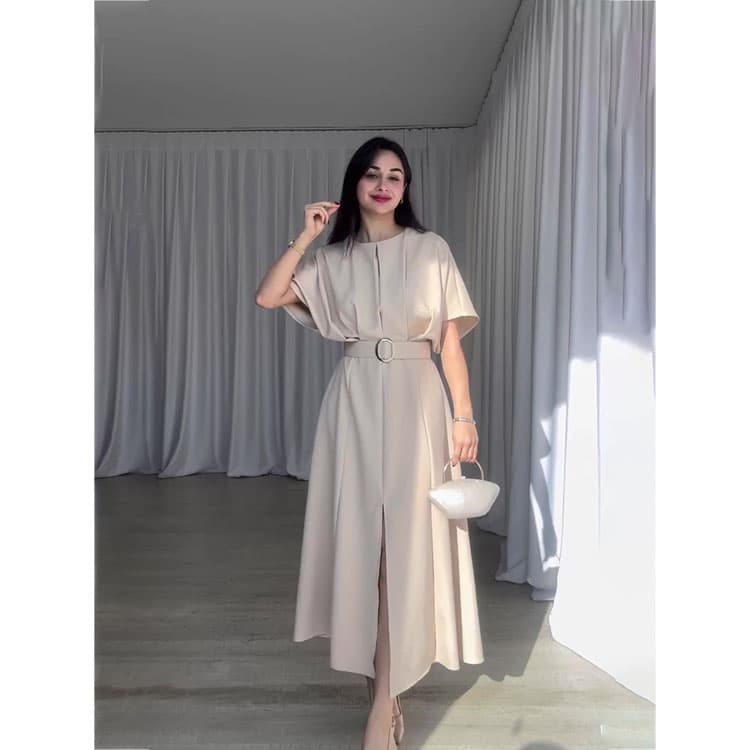 Solid Color Belt Dress Custom logo Short Sleeve Waist Dress Wholesale Casual Split Dress Factory Directly