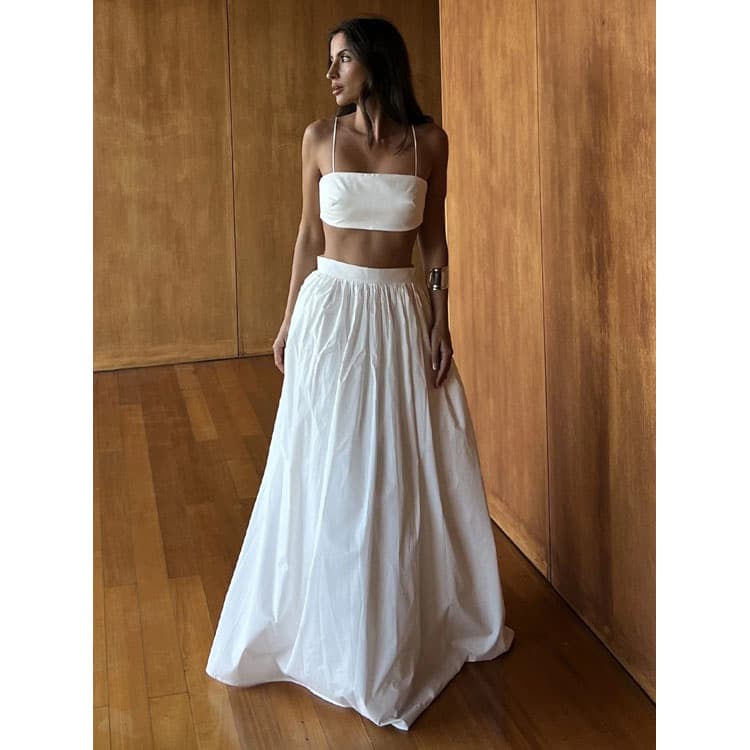 100% Cotton Women Set Wholesale Crop Baring Top Custom logo Casual Loose Maxi Skirt Factory Direct