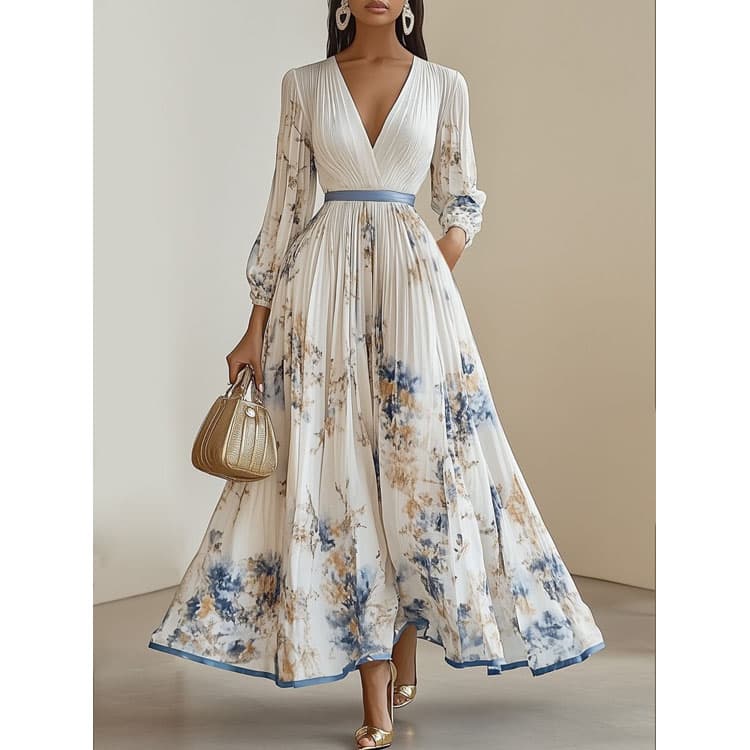 S-3XL Plus Size Woman Bohemian Maxi Dress with Print Long Ruffle Vacation V Neck Beach Dress Elegant Flowy Sundress