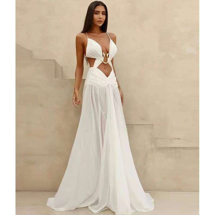 2025 Holiday Beach Dress Sexy Mesh Spaghetti Straps Long Dress French Style Sexy Backless Hollow Belly Baring Dress