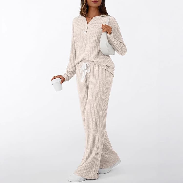Wenshuo Simple Long Sleeve Top Wholesale Stylish Drawstring Trousers Custom logo Solid Color Knit Set Factory Direct