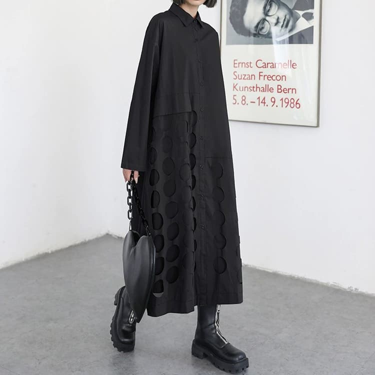 Japanese Style Shirt Dress Long Sleeve Hollow Out Dress Casual Loose Shirt Dresses
