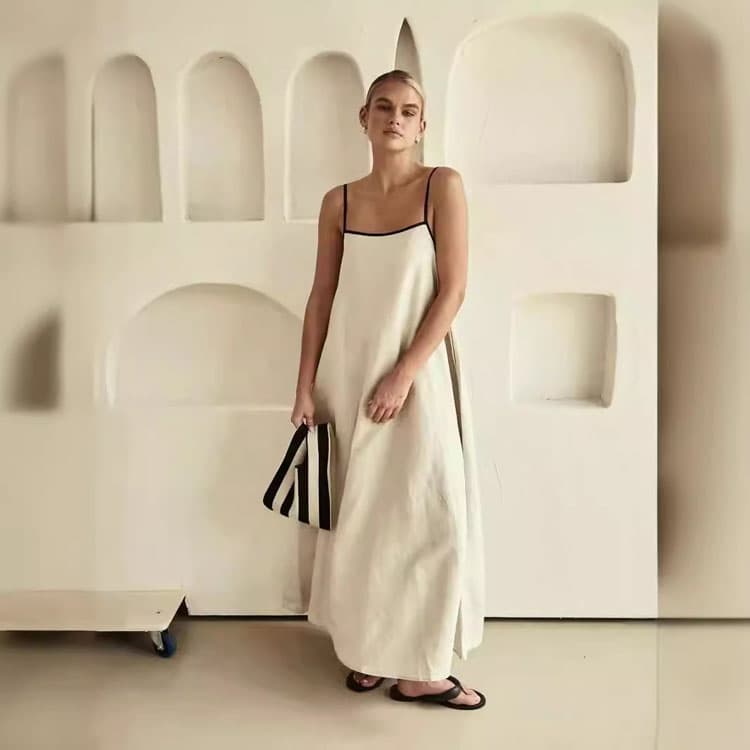 2025 Fashion Spring and Summer New Dress Solid Color Cotton and Polyester Spaghetti Straps Women Casual Dress with Large Swing