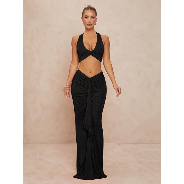 Wholesale Elegant Skirt Set Solid Color Slim Fit Twisted Halter Neckline Split Pleated Skirt Set for Women