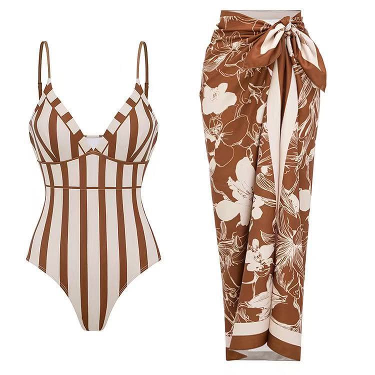 2026 Striped Printed Bikini New Fashionable and Sexy Swimsuit with Cover up One Piece Swimsuit Set