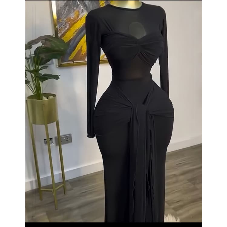 Mesh Long Sleeve Dress Wholesale Solid Color Long Dress Manufacturer Round Neck Casual Dress Factory Directly