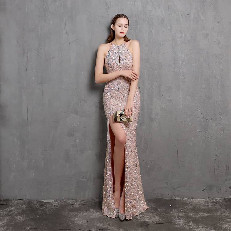 Lace up Women Colorful Beaded Celebrity Party Evening Dress Backless Hollow Sexy Slim Long Evening Dress Women Dress Wholesale