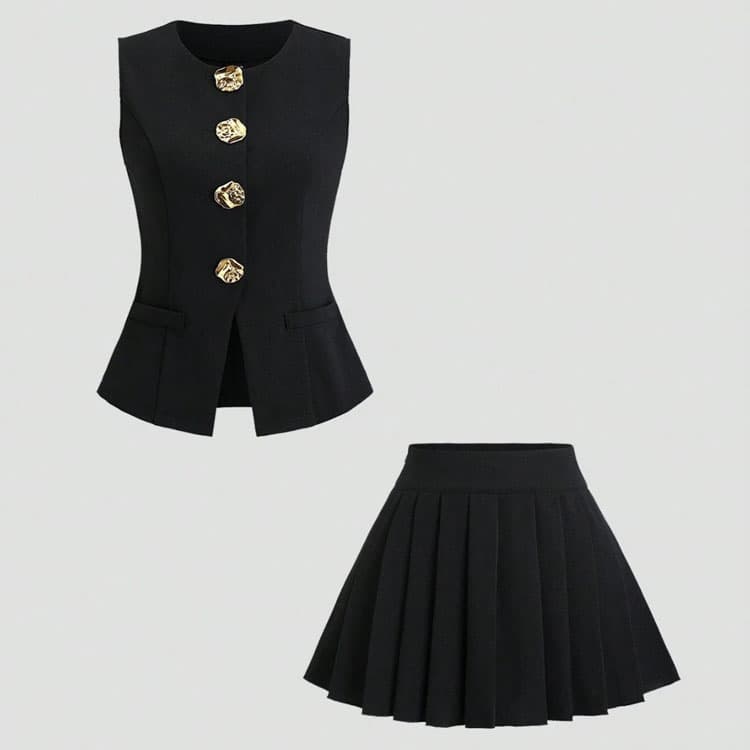 Solid Color Fashion Suit Wholesale Sleeveless Floral Vest Custom logo Pleated Mini Skirt Factory Direct