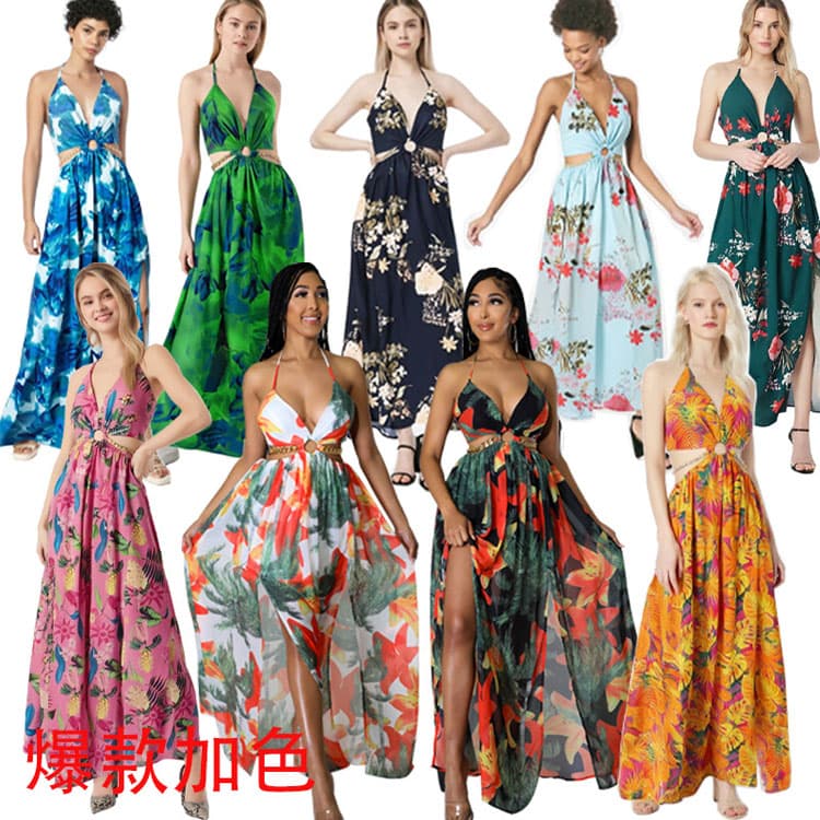 Backless Halter Dress Custom logo Printed Beach Maxi Dress Wholesale Casual Dress Factory Directly