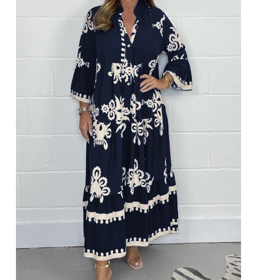 S-5XL Loose Printed Dress Manufacturer Stand up Collar Waist Long Dress Long Sleeved Dress Factory Directly