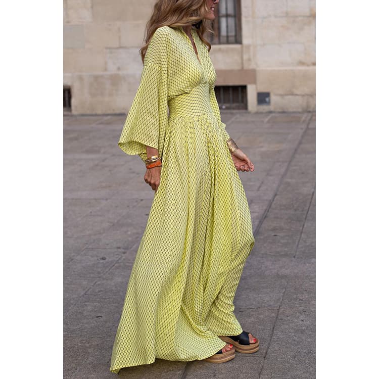 Spring/Fall Long Sleeve Loose Dresses Sexy V-Neck Waist Defining Dresses Full Skirted Dresses for Women