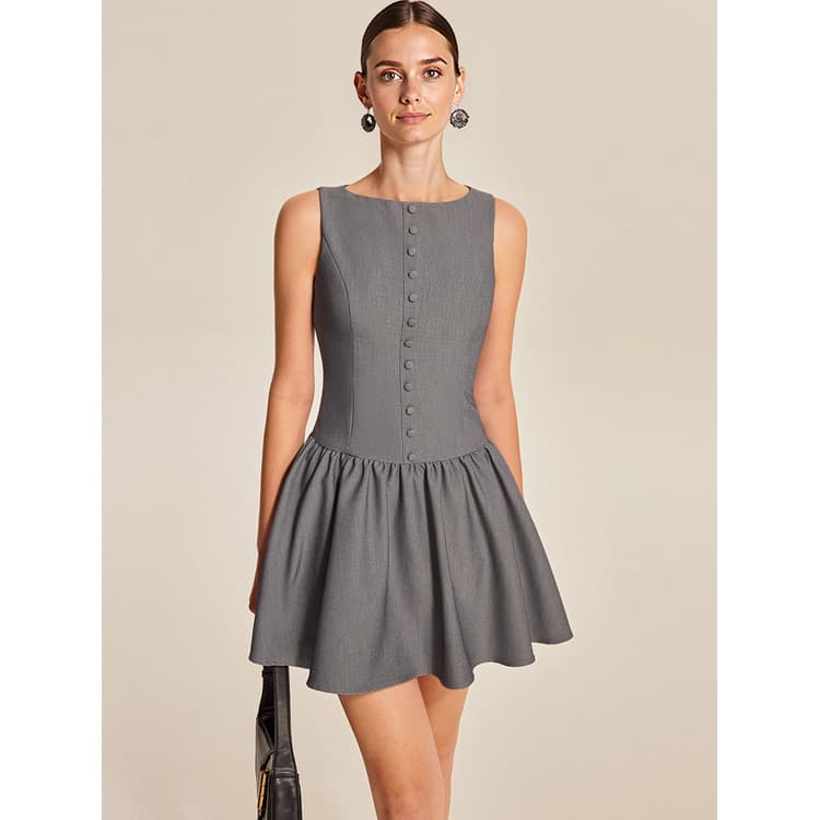 2025 High Quality Summer New Women Sleeveless Casual Dress Button A-Line Ruffle Elegant Mini Dress Daily Commuter Dress